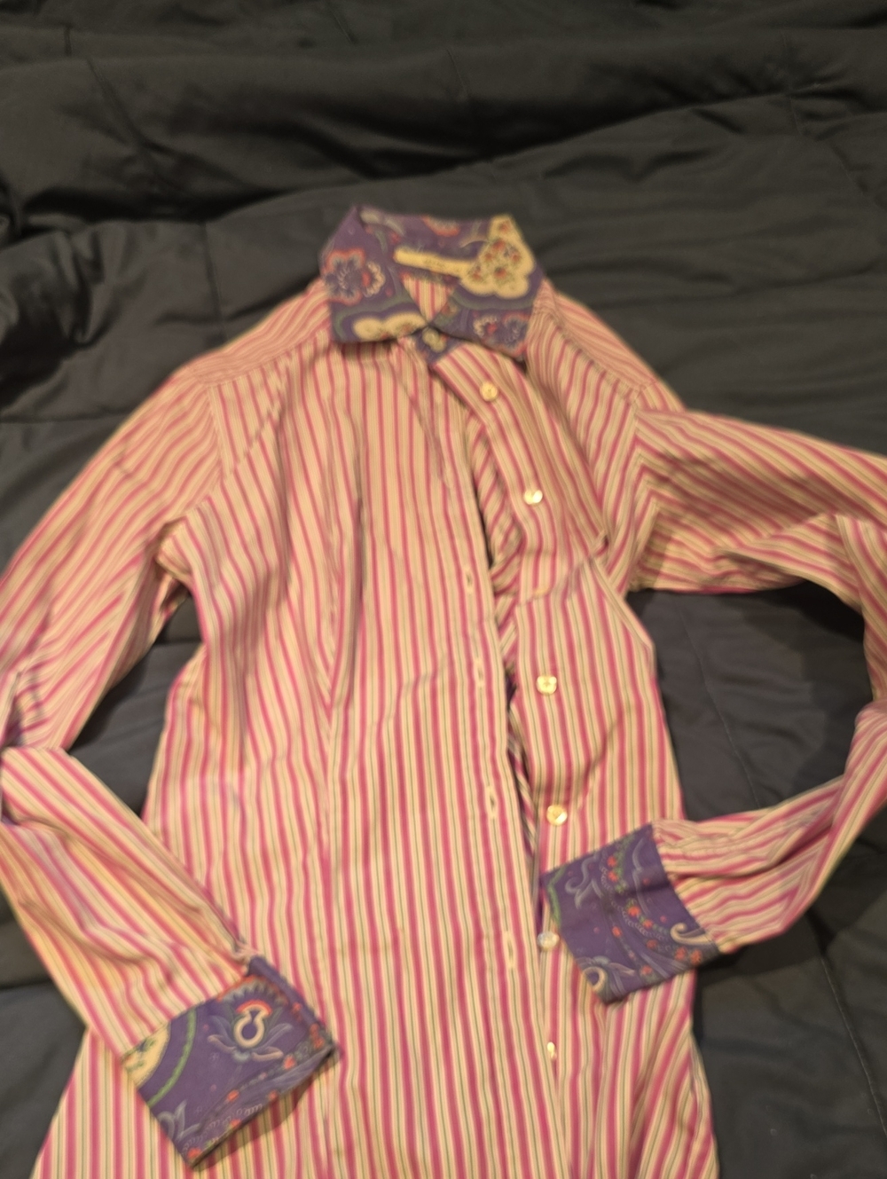 Etro Pink and White Striped Button-Down with Purple Paisley Trim